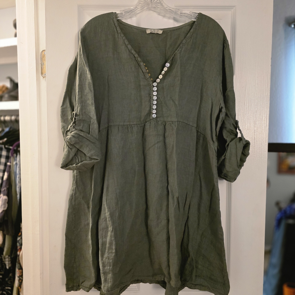 Made In Italy Green Linen Button-Front Tunic Top Large